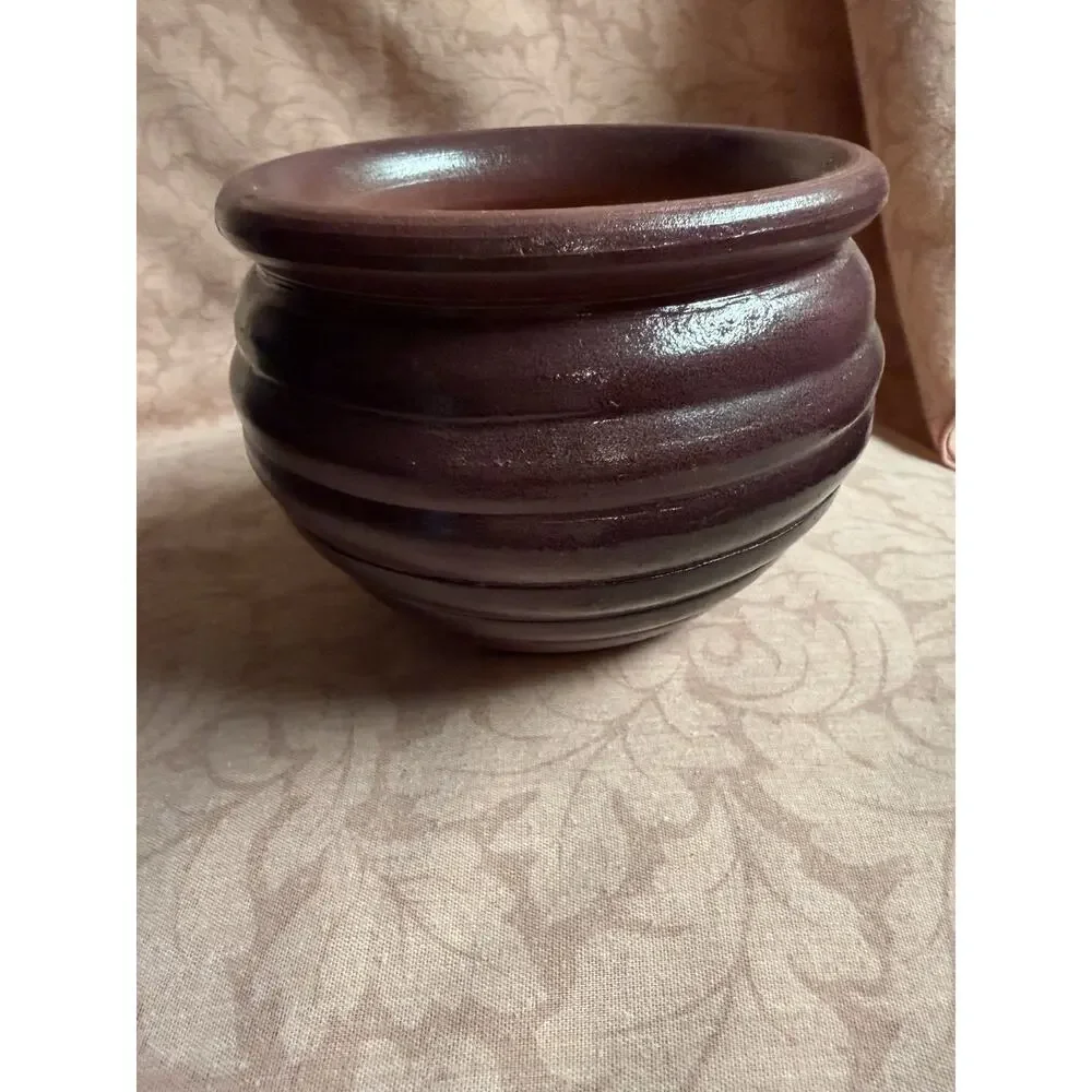 Vintage STEFANI Brazil Handmade Pottery Ribbed Maroon Jardiniere Planter Pot